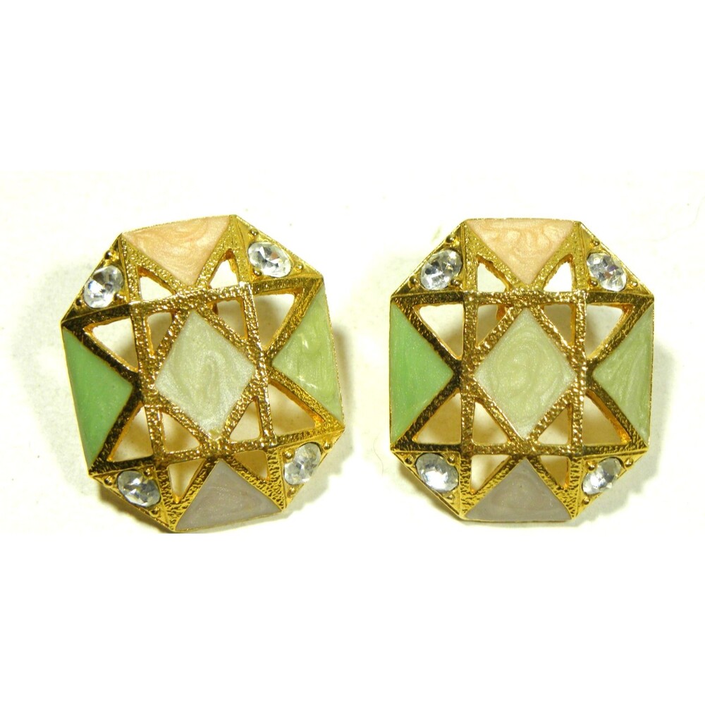 Vintage Rhinestone Enamel Earrings Avon Mosaic Tiled Green Brown Octagon Pierced